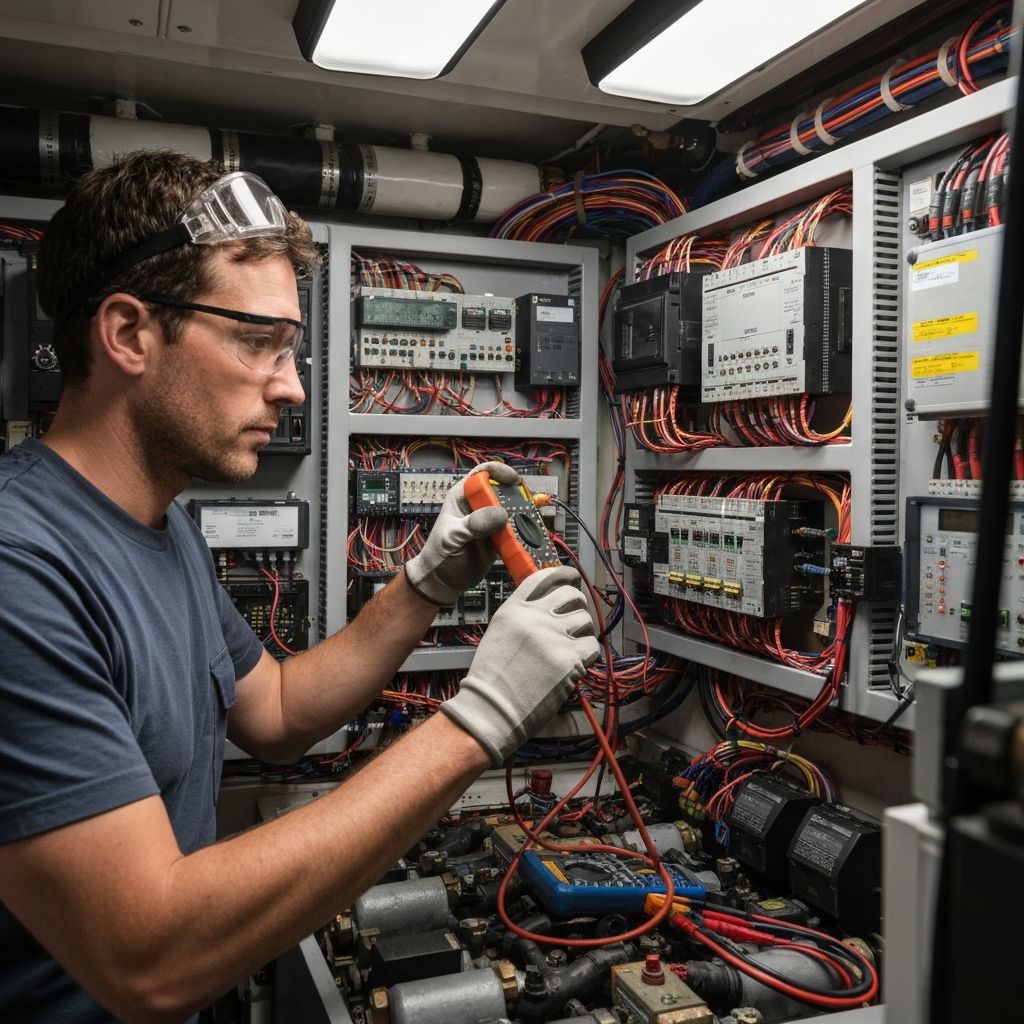 Marine electrician working on boat electrical systems in Kos Marina