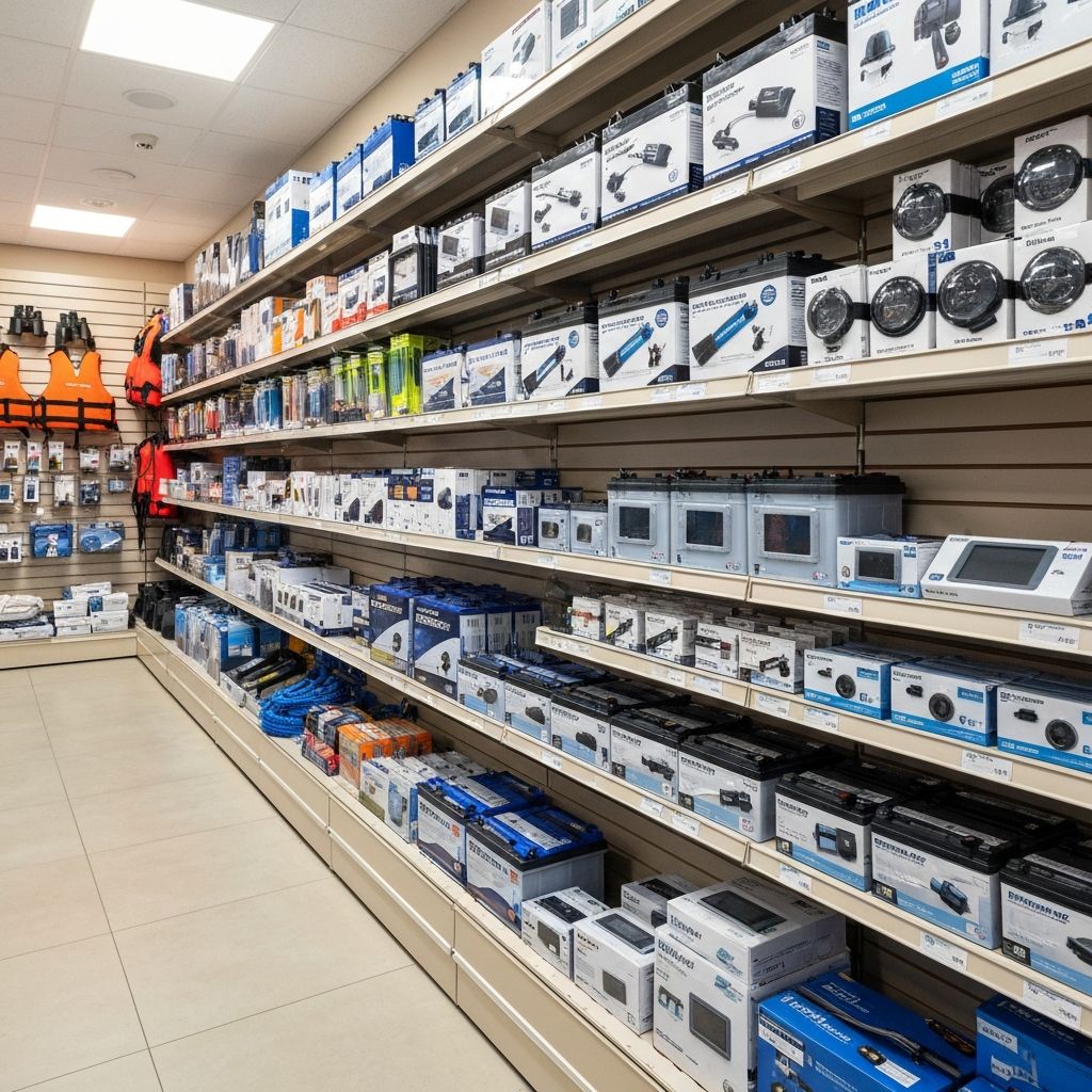 Shelves with marine electrical supplies inside the Autonautics shop